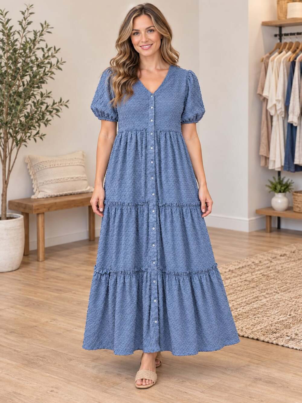 Polagram Swiss Dot Tiered Midi Dress Blue Button Front Puff Sleeve Size L